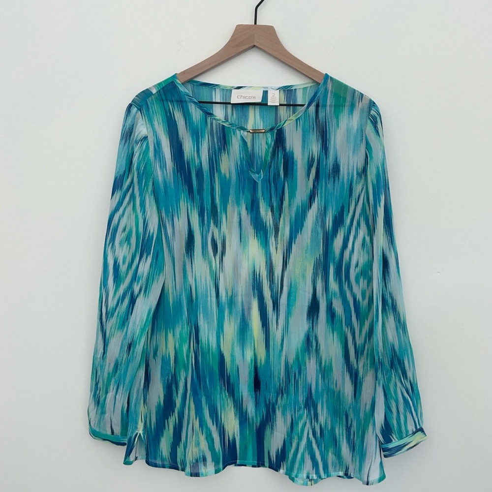 Chicos Blue Ikat Print Sheer V Neck Fairy Blouse Long Sleeve Loose Flowy Size: 2